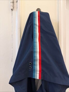 Navy Swim Trunks with Red & Light Blue Stripe